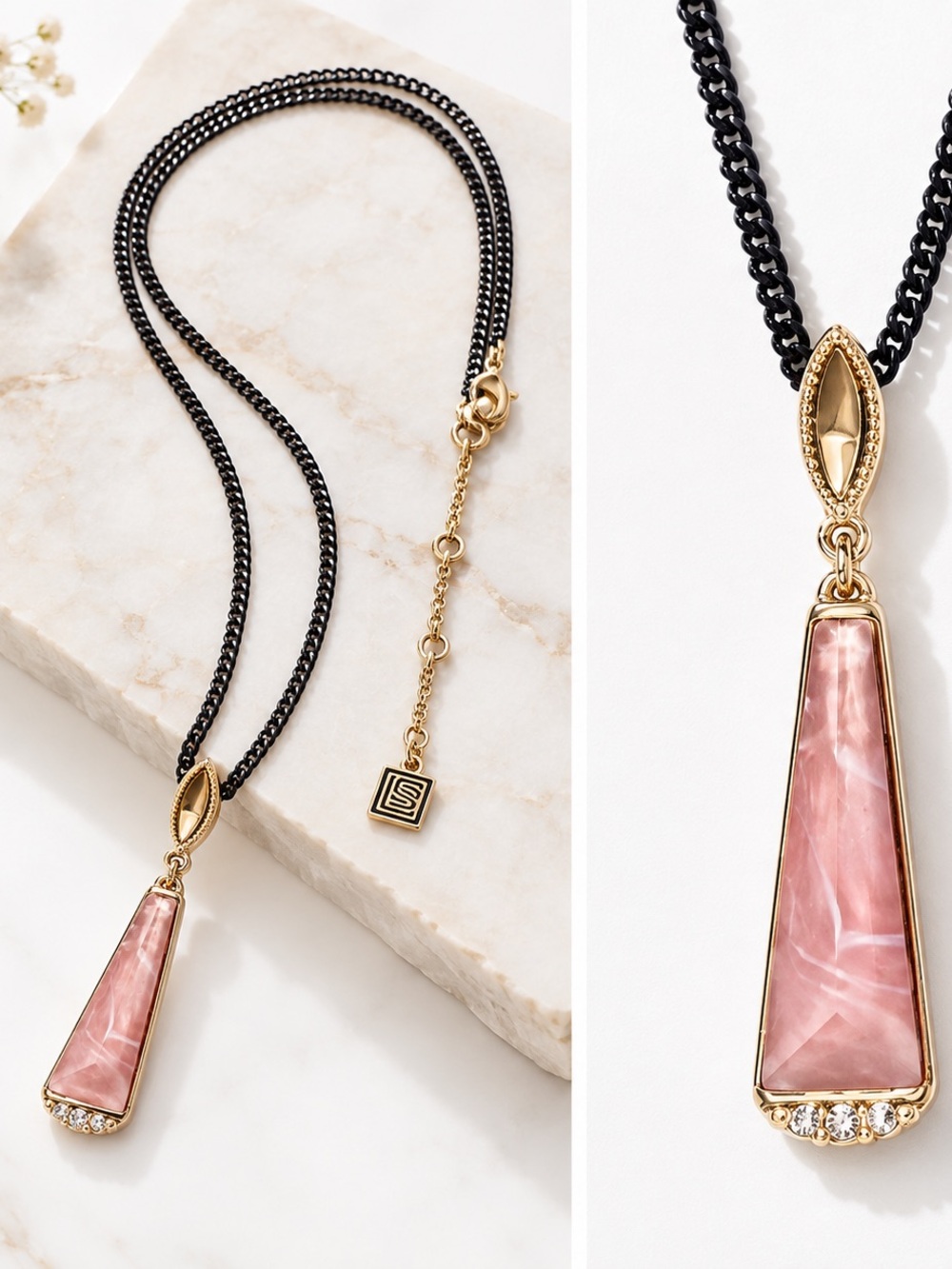 NEW - The Sak Pink Gemstone Pendant Necklace Black Chain Gold Tone